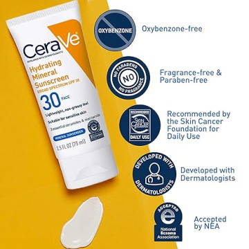 CeraVe 100% 礦物防曬乳 SPF 30 |含有氧化鋅和二氧化鈦的臉部防曬霜 |透明質酸+菸鹼醯胺+神經醯胺|臉部無油防曬乳 |旅行裝防曬霜 2.5 盎司